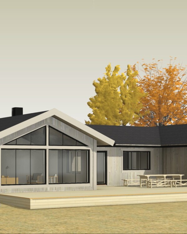 Här byggs en villa med H-formad planlösning, perfekt för att få uppdelat husets olika funktioner och för att få en fin skyddad uteplats