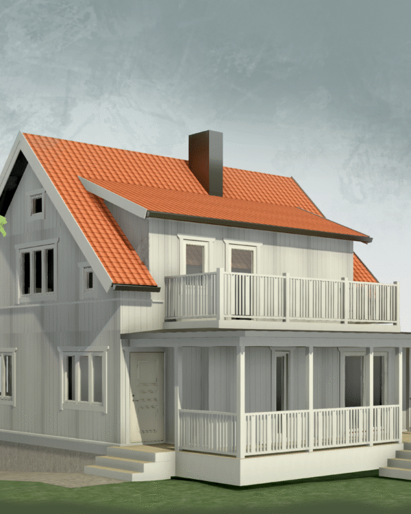 Kunden önskade sig en design som påminde mer om när huset uppfördes. För att uppnå detta fick huset komma ur sin eternit-kostym och få ny klädsel, förlängd kupa och en nydesignad veranda. Klassiska materialval som kopplade fönster, äkta tegelpannor, tak och plåtdetaljer i zink tillsammans med den vita träpanelen med hattläkt, för huset tillbaka i tiden. Även de vita räckena är designade i 10-20 tals stil.