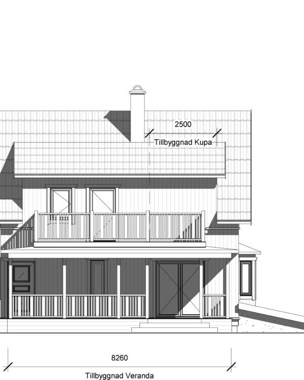 Kunden önskade sig en design som påminde mer om när huset uppfördes. För att uppnå detta fick huset komma ur sin eternit-kostym och få ny klädsel, förlängd kupa och en nydesignad veranda. Klassiska materialval som kopplade fönster, äkta tegelpannor, tak och plåtdetaljer i zink tillsammans med den vita träpanelen med hattläkt, för huset tillbaka i tiden. Även de vita räckena är designade i 10-20 tals stil.