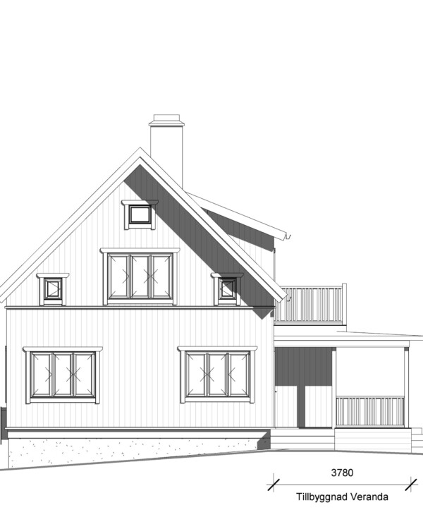 Kunden önskade sig en design som påminde mer om när huset uppfördes. För att uppnå detta fick huset komma ur sin eternit-kostym och få ny klädsel, förlängd kupa och en nydesignad veranda. Klassiska materialval som kopplade fönster, äkta tegelpannor, tak och plåtdetaljer i zink tillsammans med den vita träpanelen med hattläkt, för huset tillbaka i tiden. Även de vita räckena är designade i 10-20 tals stil.