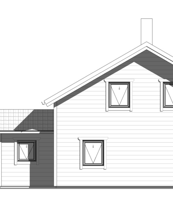 Denna moderna tappning på den klassiska fjällstugan beställdes av kund som ett fritidsboenden på en av Sveriges populära skidorter.
Huset är utvändigt klätt med svart panel och invändigt med en mörkbrun murrig panel. Den höga fönsterbeklädda gaveln vetter ut mot skidbacken och ger en vacker vidsträckt utsikt över landskapet från både allrummet och från loftets balkong. Den centrerade kaminen förstärker rummets höjd när det leder ögat upp.