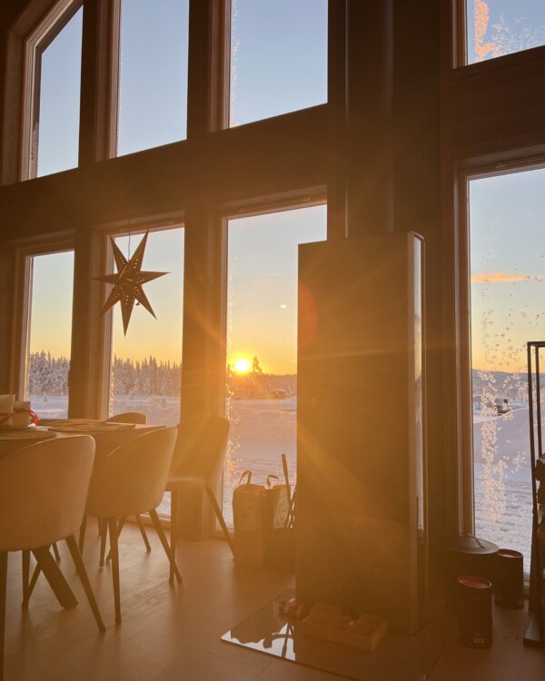 Denna moderna tappning på den klassiska fjällstugan beställdes av kund som ett fritidsboenden på en av Sveriges populära skidorter.
Huset är utvändigt klätt med svart panel och invändigt med en mörkbrun murrig panel. Den höga fönsterbeklädda gaveln vetter ut mot skidbacken och ger en vacker vidsträckt utsikt över landskapet från både allrummet och från loftets balkong. Den centrerade kaminen förstärker rummets höjd när det leder ögat upp.