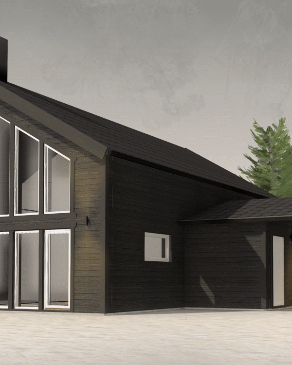 Denna moderna tappning på den klassiska fjällstugan beställdes av kund som ett fritidsboenden på en av Sveriges populära skidorter.
Huset är utvändigt klätt med svart panel och invändigt med en mörkbrun murrig panel. Den höga fönsterbeklädda gaveln vetter ut mot skidbacken och ger en vacker vidsträckt utsikt över landskapet från både allrummet och från loftets balkong. Den centrerade kaminen förstärker rummets höjd när det leder ögat upp.