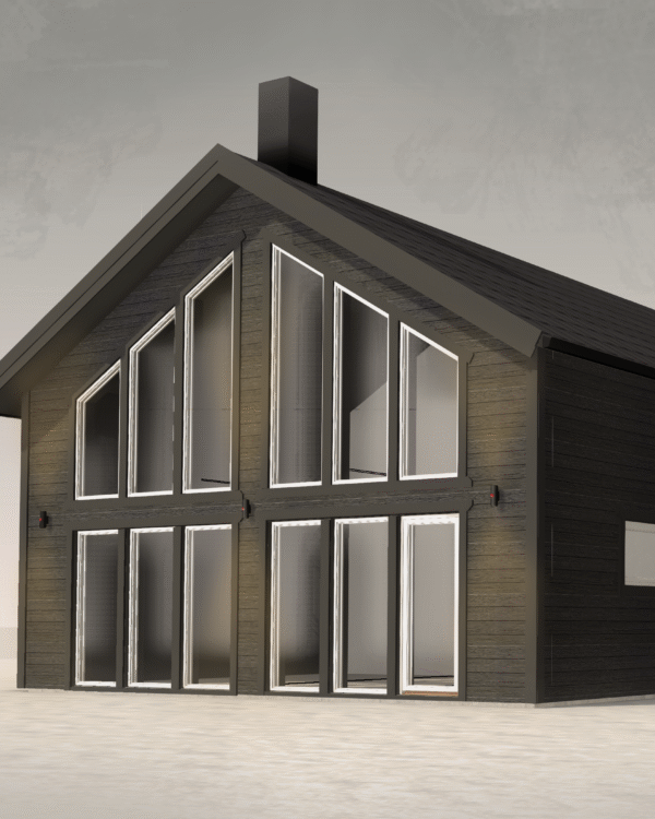 Denna moderna tappning på den klassiska fjällstugan beställdes av kund som ett fritidsboenden på en av Sveriges populära skidorter.
Huset är utvändigt klätt med svart panel och invändigt med en mörkbrun murrig panel. Den höga fönsterbeklädda gaveln vetter ut mot skidbacken och ger en vacker vidsträckt utsikt över landskapet från både allrummet och från loftets balkong. Den centrerade kaminen förstärker rummets höjd när det leder ögat upp.