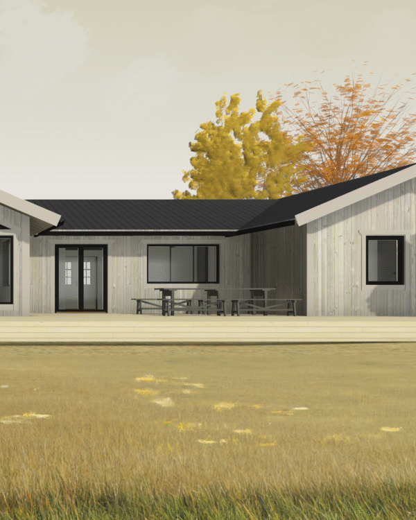 Här byggs en villa med H-formad planlösning, perfekt för att få uppdelat husets olika funktioner och för att få en fin skyddad uteplats