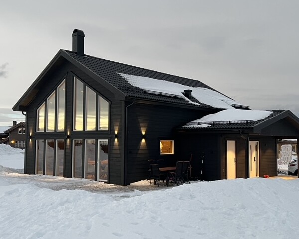 Denna moderna tappning på den klassiska fjällstugan beställdes av kund som ett fritidsboenden på en av Sveriges populära skidorter.
Huset är utvändigt klätt med svart panel och invändigt med en mörkbrun murrig panel. Den höga fönsterbeklädda gaveln vetter ut mot skidbacken och ger en vacker vidsträckt utsikt över landskapet från både allrummet och från loftets balkong. Den centrerade kaminen förstärker rummets höjd när det leder ögat upp.
